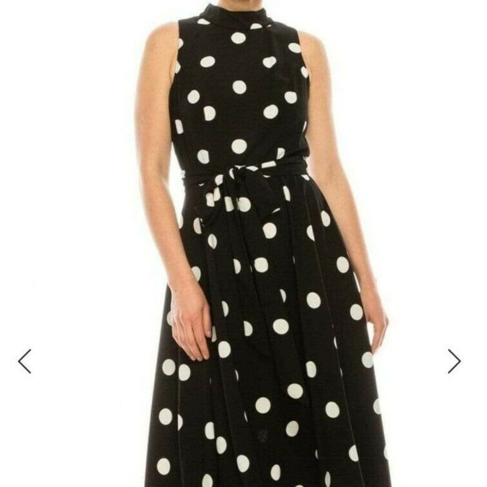 SLNY Dress Womens‎ High Neck Midi Belted Polka Dot Black 12 Fit Flare Sleeveless